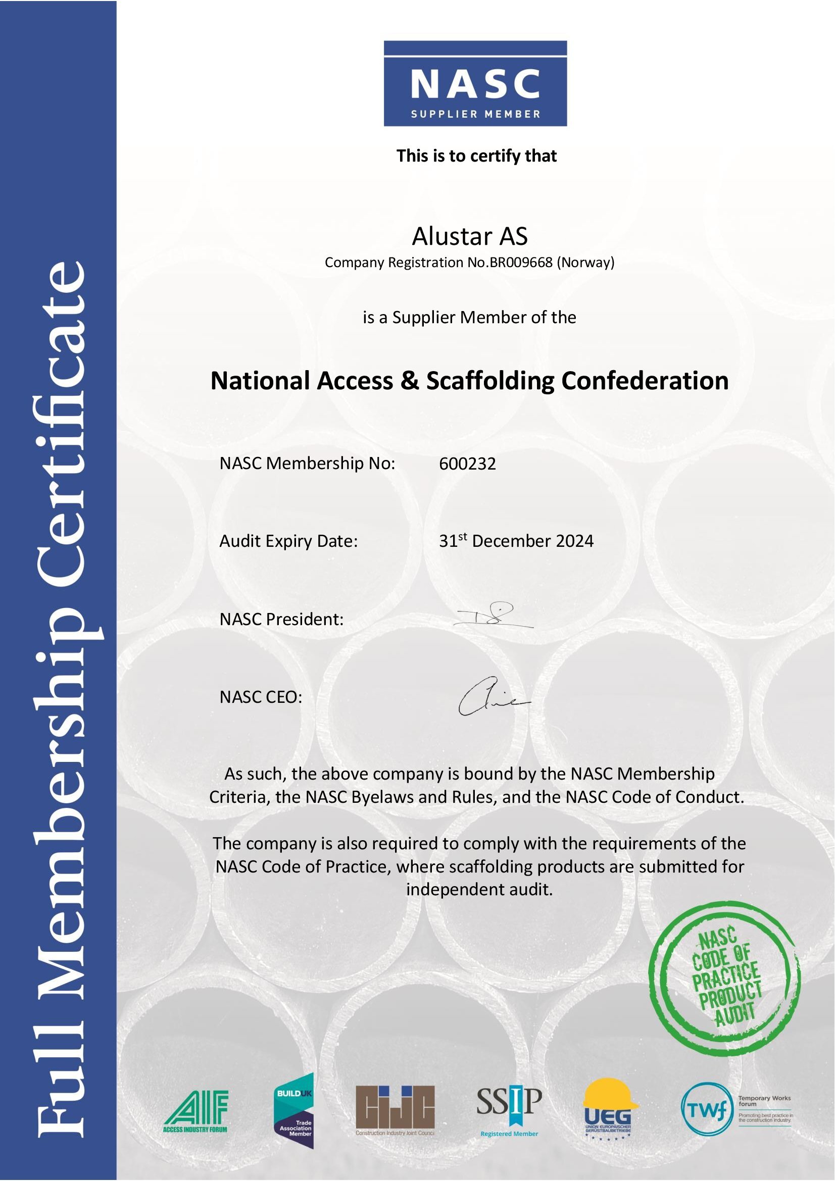 NASC Full Membership Certificate 2024