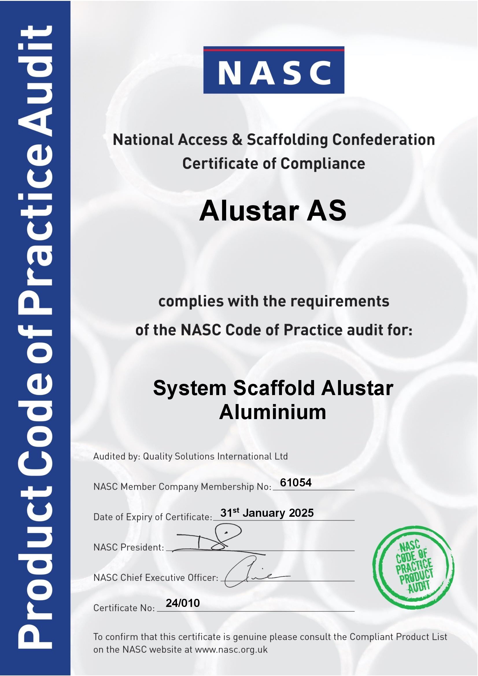 NASC Compliant Product Certificate 2024 Alustar System Stillas