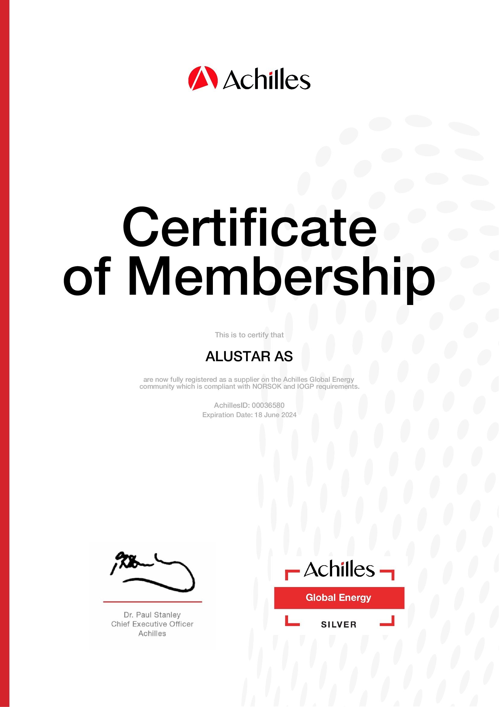 Certificate of Membership - Achilles JQS 2024